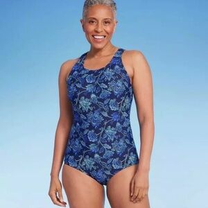 Women's Lands' End Full Coverage High Neck Tugless One Piece Swimsuit Blue Small